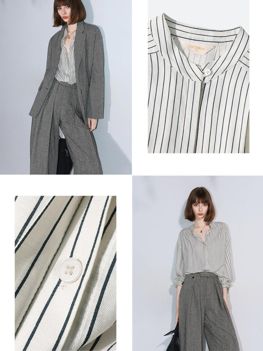 COCOBELLA Pleated Striped Stand Collar Straight Fit Long Sleeve Button Commuter Shirts