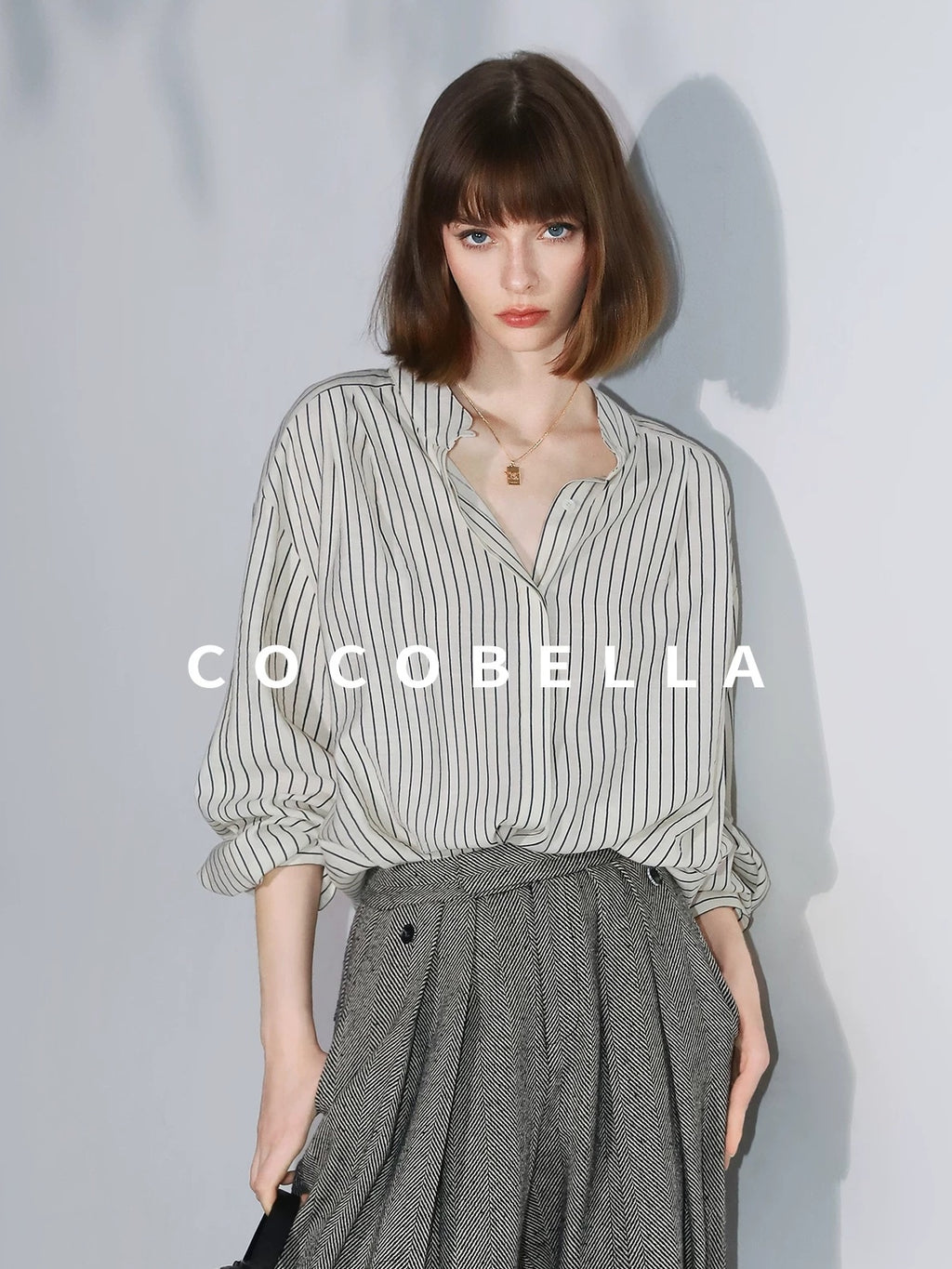 COCOBELLA Pleated Striped Stand Collar Straight Fit Long Sleeve Button Commuter Shirts