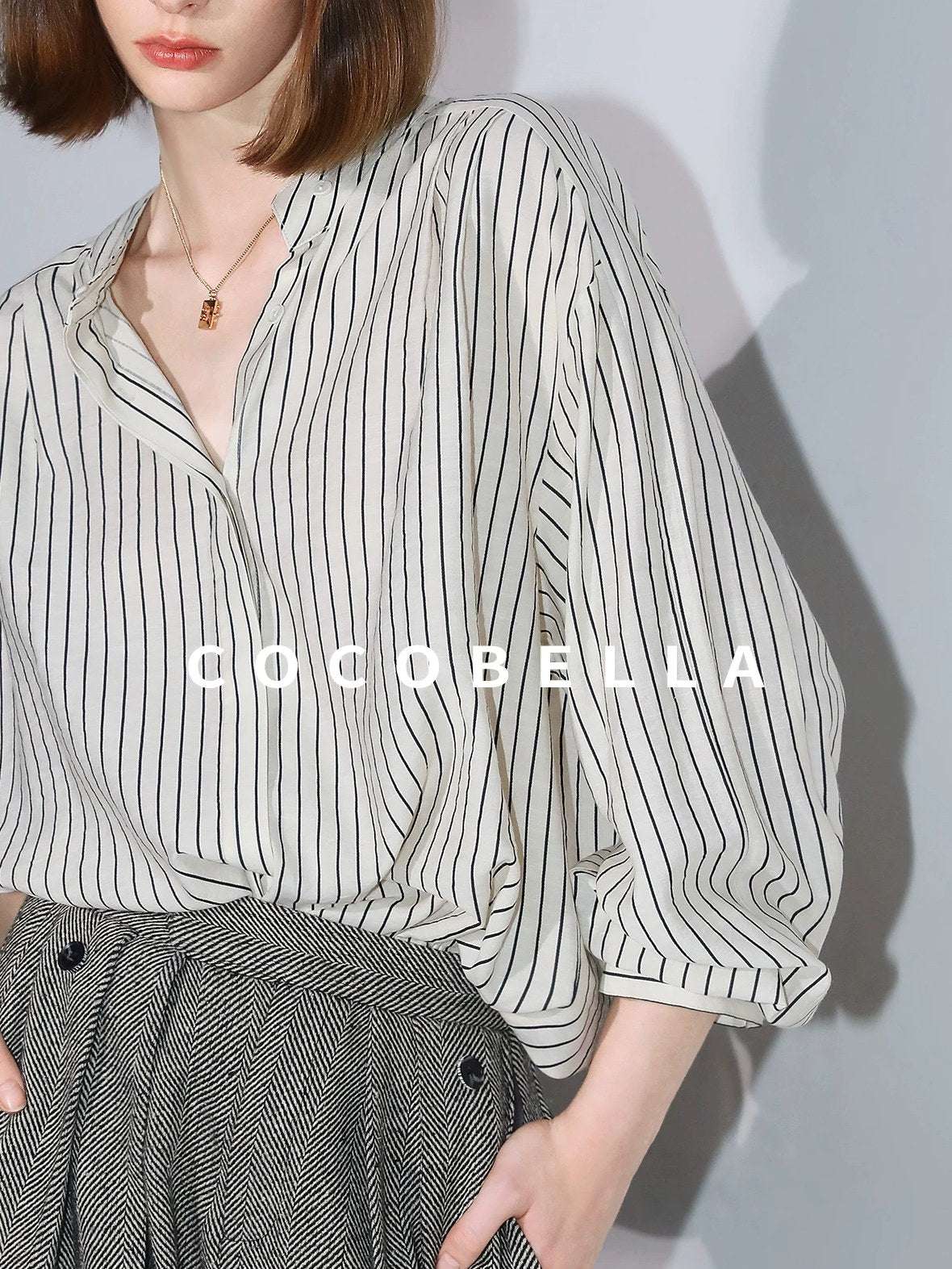 COCOBELLA Pleated Striped Stand Collar Straight Fit Long Sleeve Button Commuter Shirts