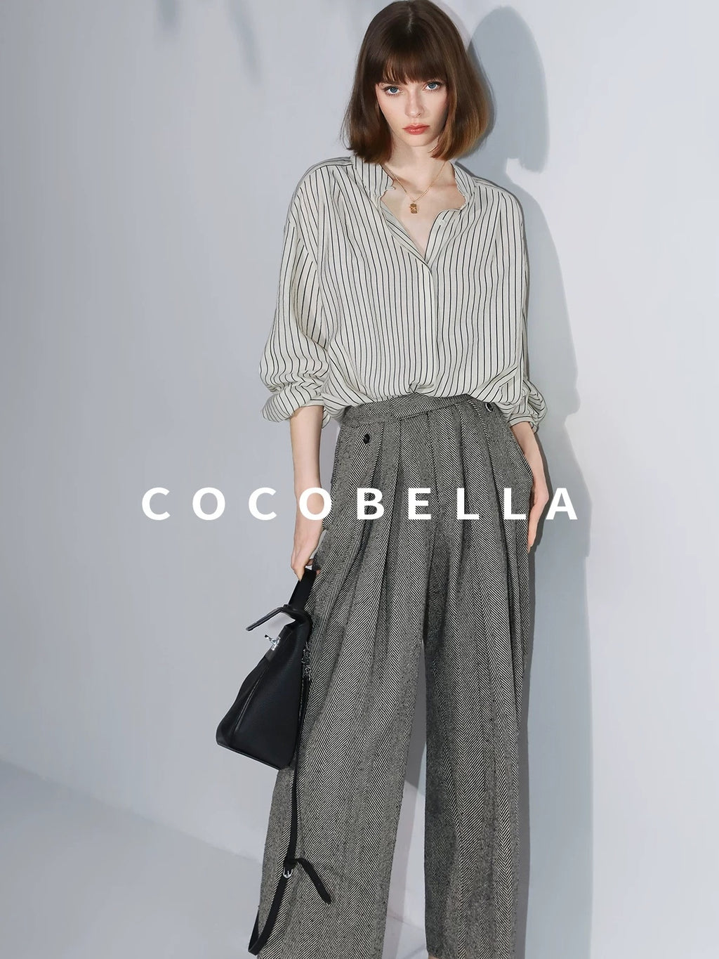 COCOBELLA Pleated Striped Stand Collar Straight Fit Long Sleeve Button Commuter Shirts