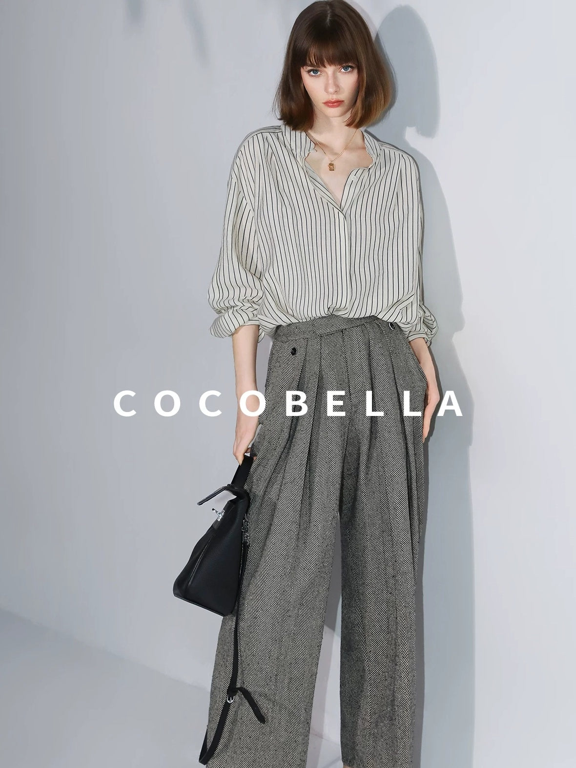 COCOBELLA Pleated Striped Stand Collar Straight Fit Long Sleeve Button Commuter Shirts