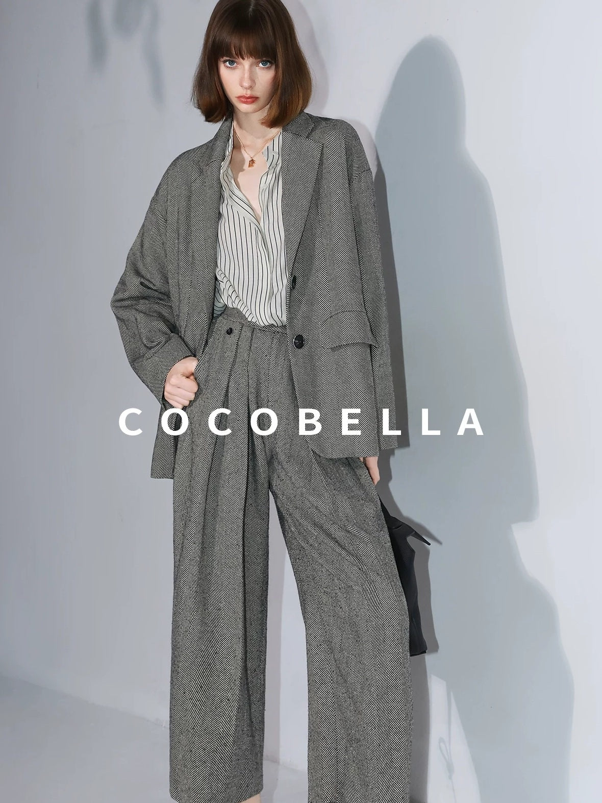 COCOBELLA Pleated Striped Stand Collar Straight Fit Long Sleeve Button Commuter Shirts