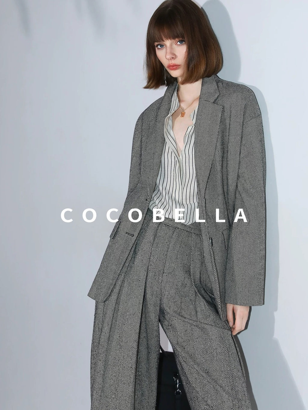 COCOBELLA Pleated Striped Stand Collar Straight Fit Long Sleeve Button Commuter Shirts