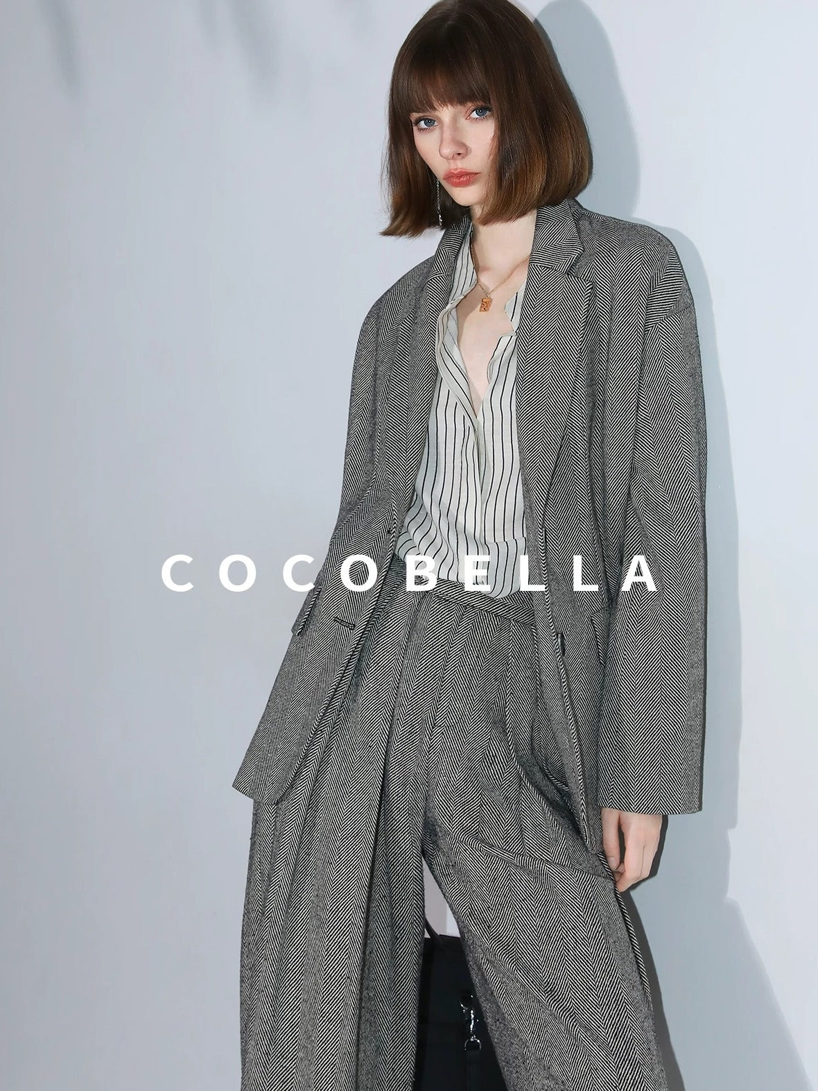COCOBELLA Pleated Striped Stand Collar Straight Fit Long Sleeve Button Commuter Shirts
