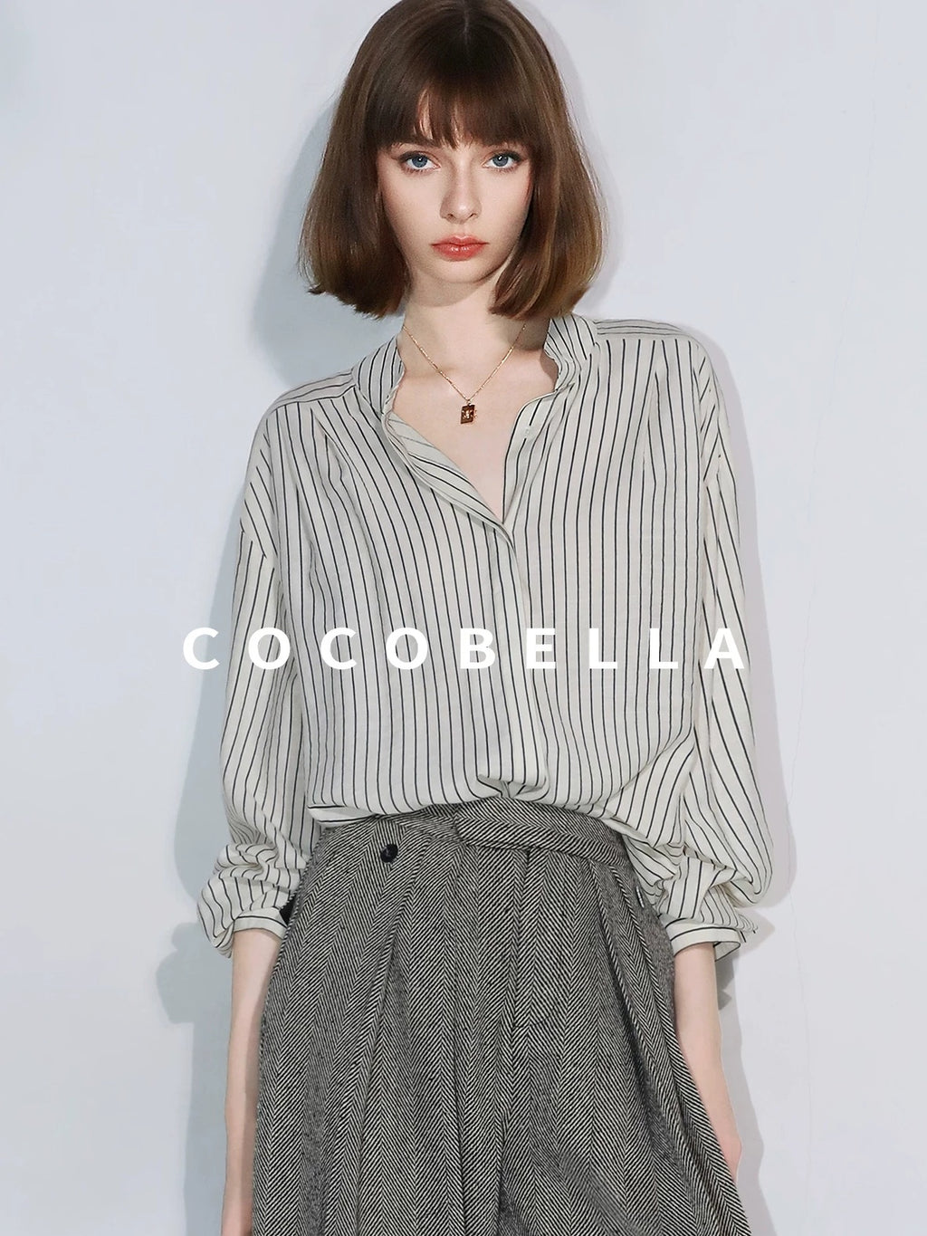 COCOBELLA Pleated Striped Stand Collar Straight Fit Long Sleeve Button Commuter Shirts