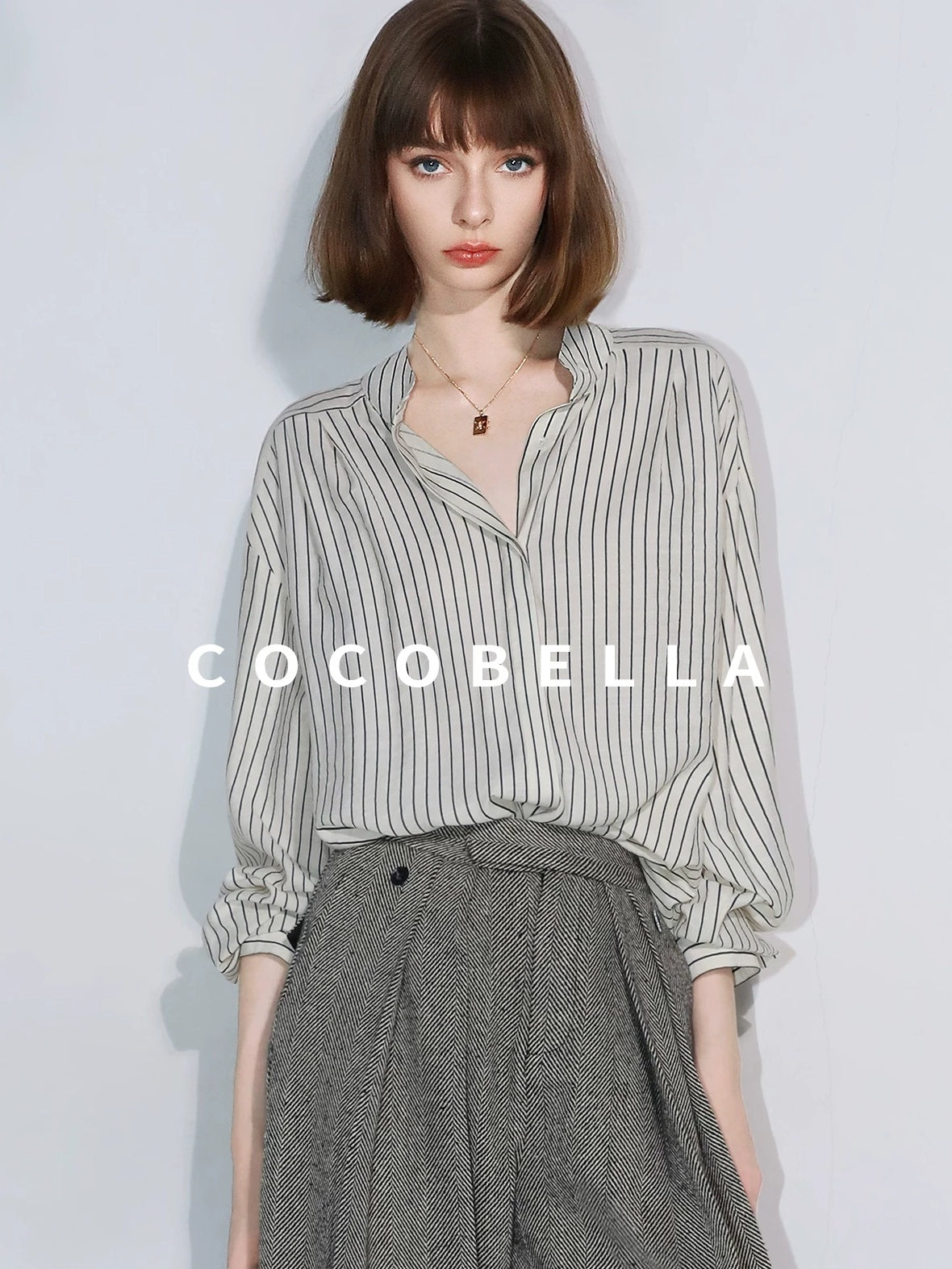 COCOBELLA Pleated Striped Stand Collar Straight Fit Long Sleeve Button Commuter Shirts