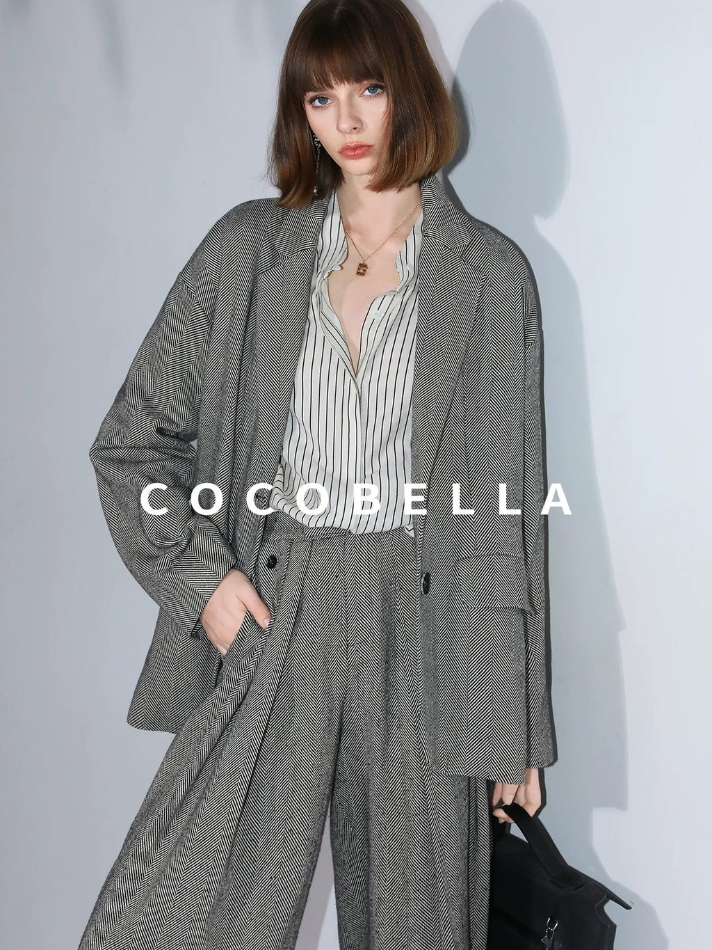 COCOBELLA Pleated Striped Stand Collar Straight Fit Long Sleeve Button Commuter Shirts