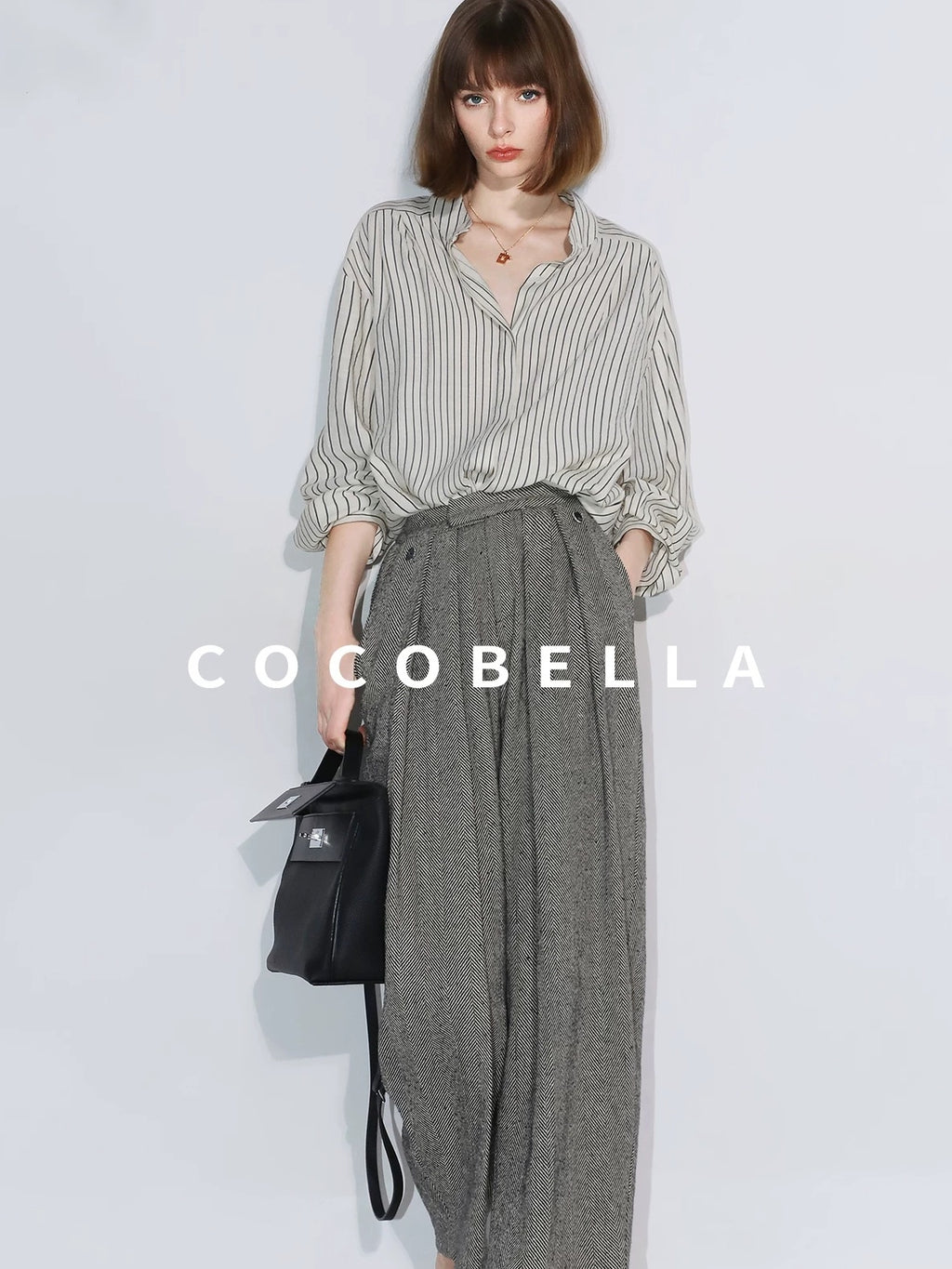COCOBELLA Pleated Striped Stand Collar Straight Fit Long Sleeve Button Commuter Shirts