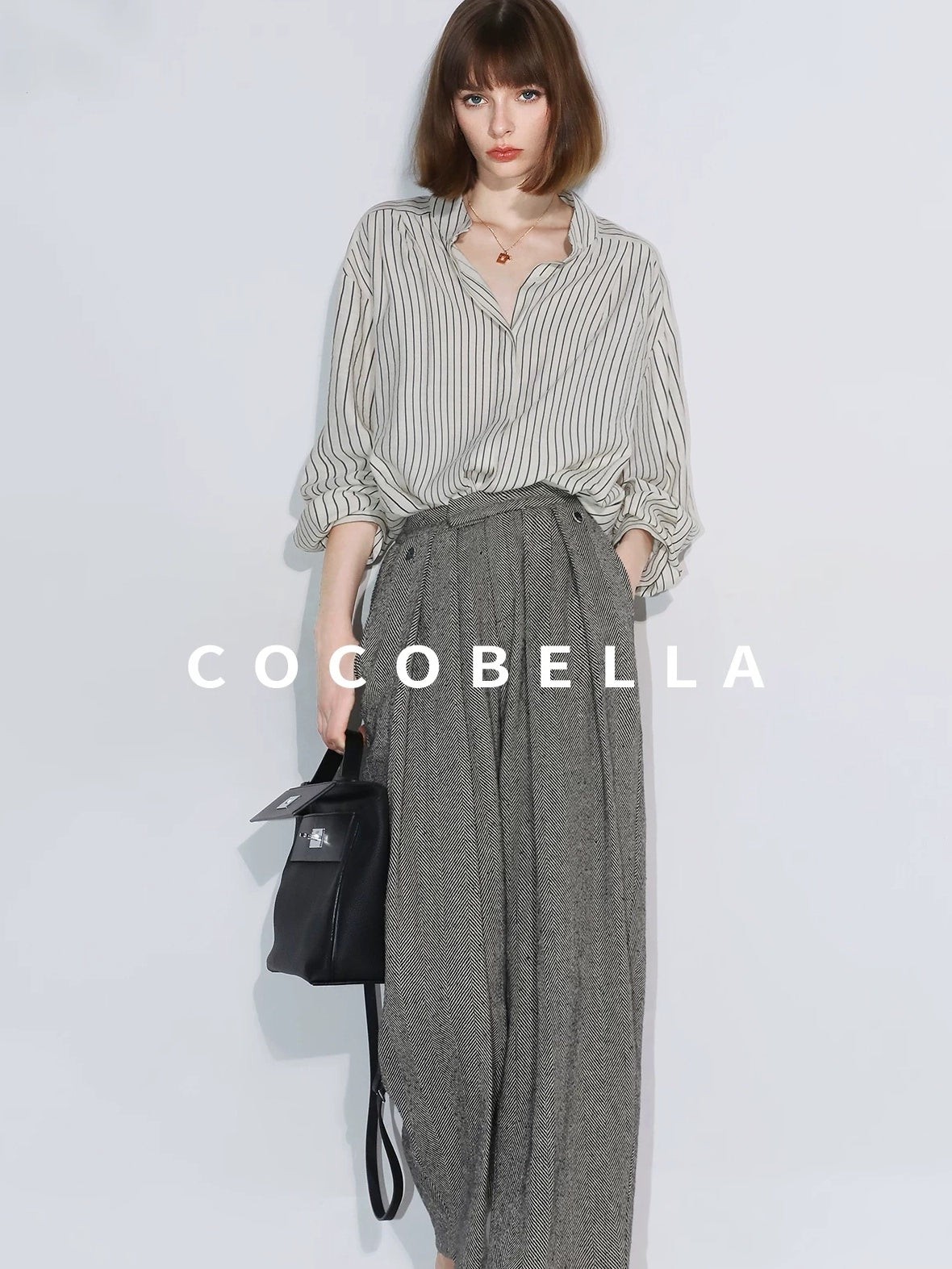 COCOBELLA Pleated Striped Stand Collar Straight Fit Long Sleeve Button Commuter Shirts