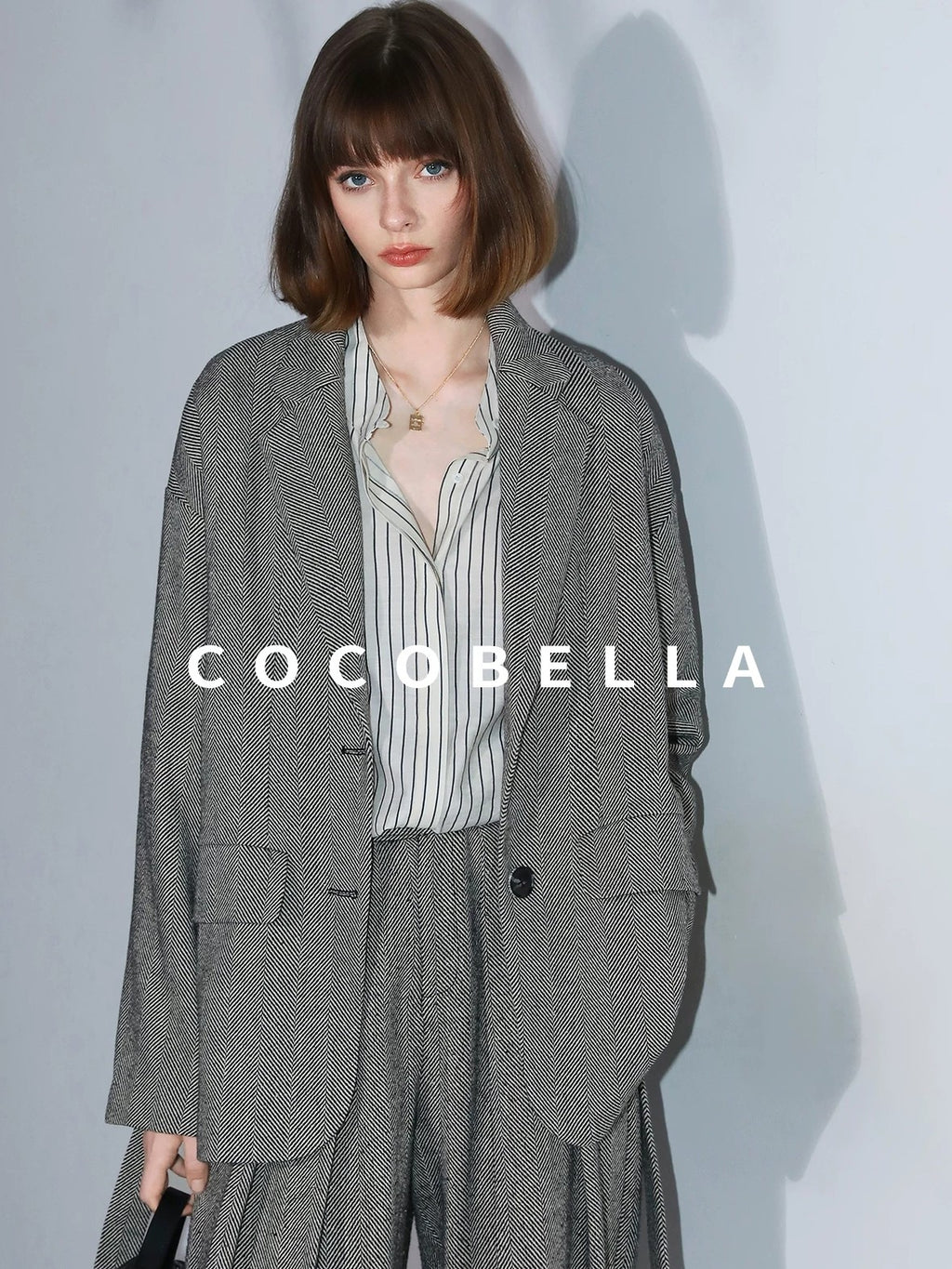 COCOBELLA Pleated Striped Stand Collar Straight Fit Long Sleeve Button Commuter Shirts