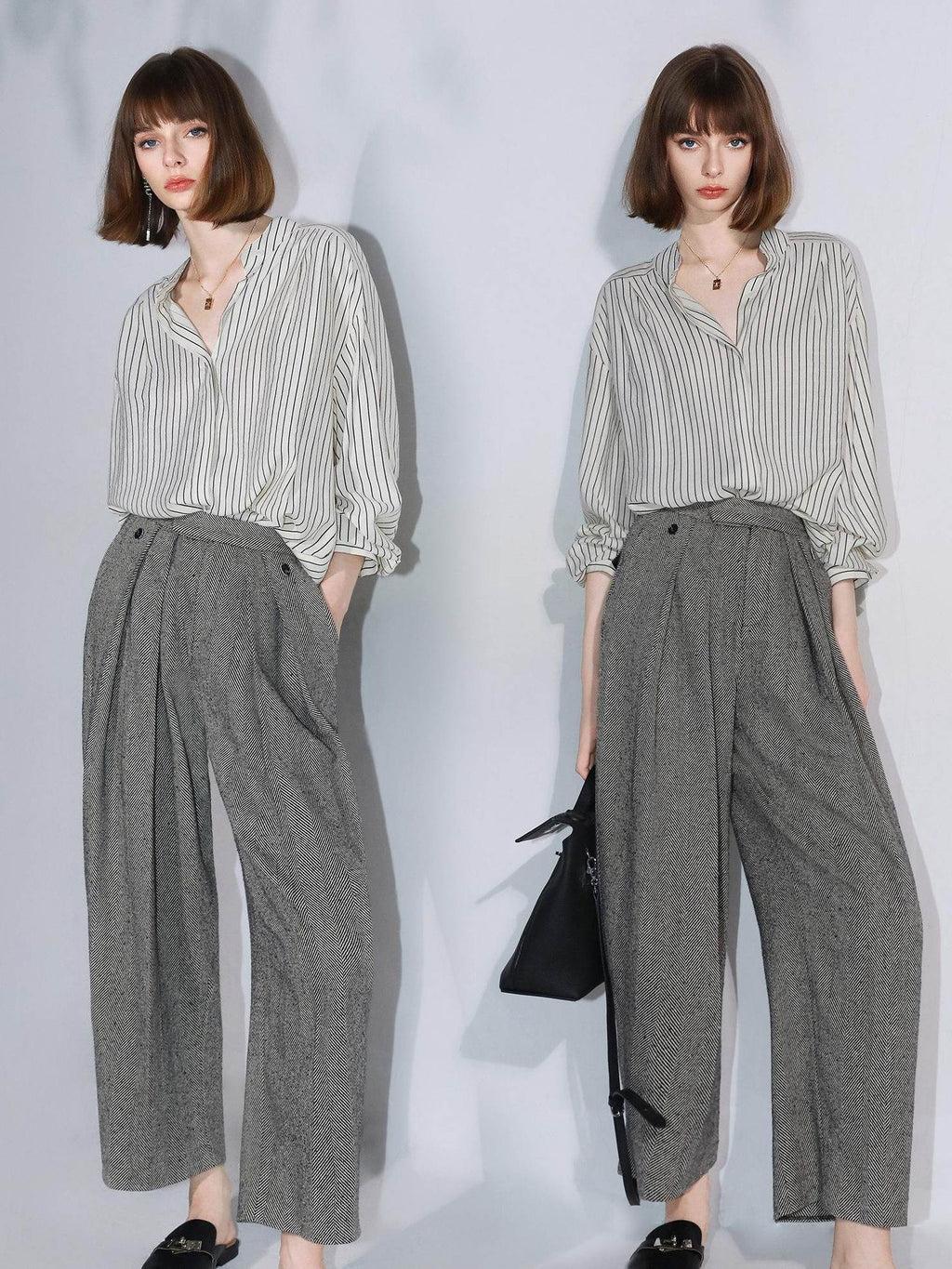 COCOBELLA Pleated Striped Stand Collar Straight Fit Long Sleeve Button Commuter Shirts