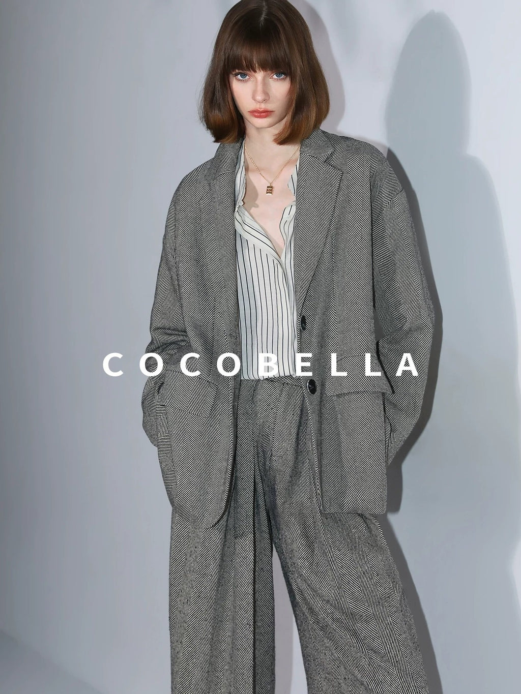 COCOBELLA Pleated Striped Stand Collar Straight Fit Long Sleeve Button Commuter Shirts