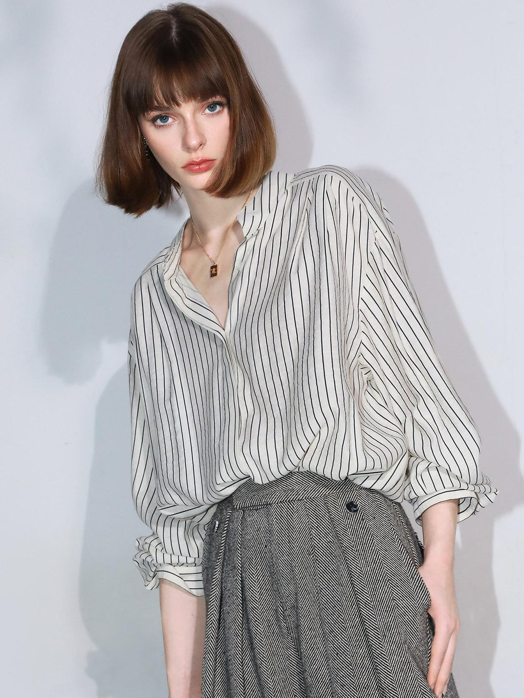 COCOBELLA Pleated Striped Stand Collar Straight Fit Long Sleeve Button Commuter Shirts