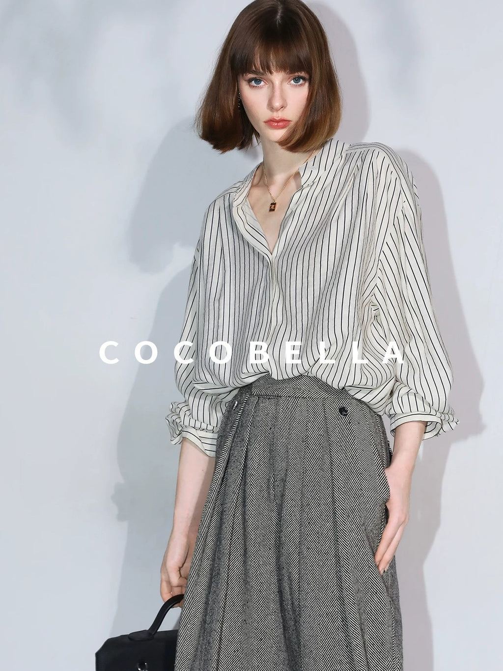 COCOBELLA Pleated Striped Stand Collar Straight Fit Long Sleeve Button Commuter Shirts