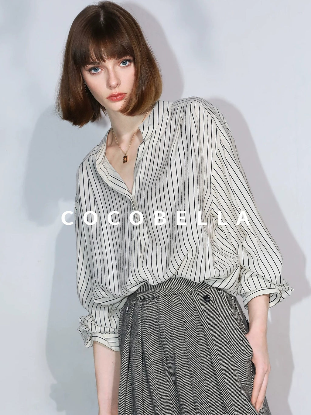 COCOBELLA Pleated Striped Stand Collar Straight Fit Long Sleeve Button Commuter Shirts