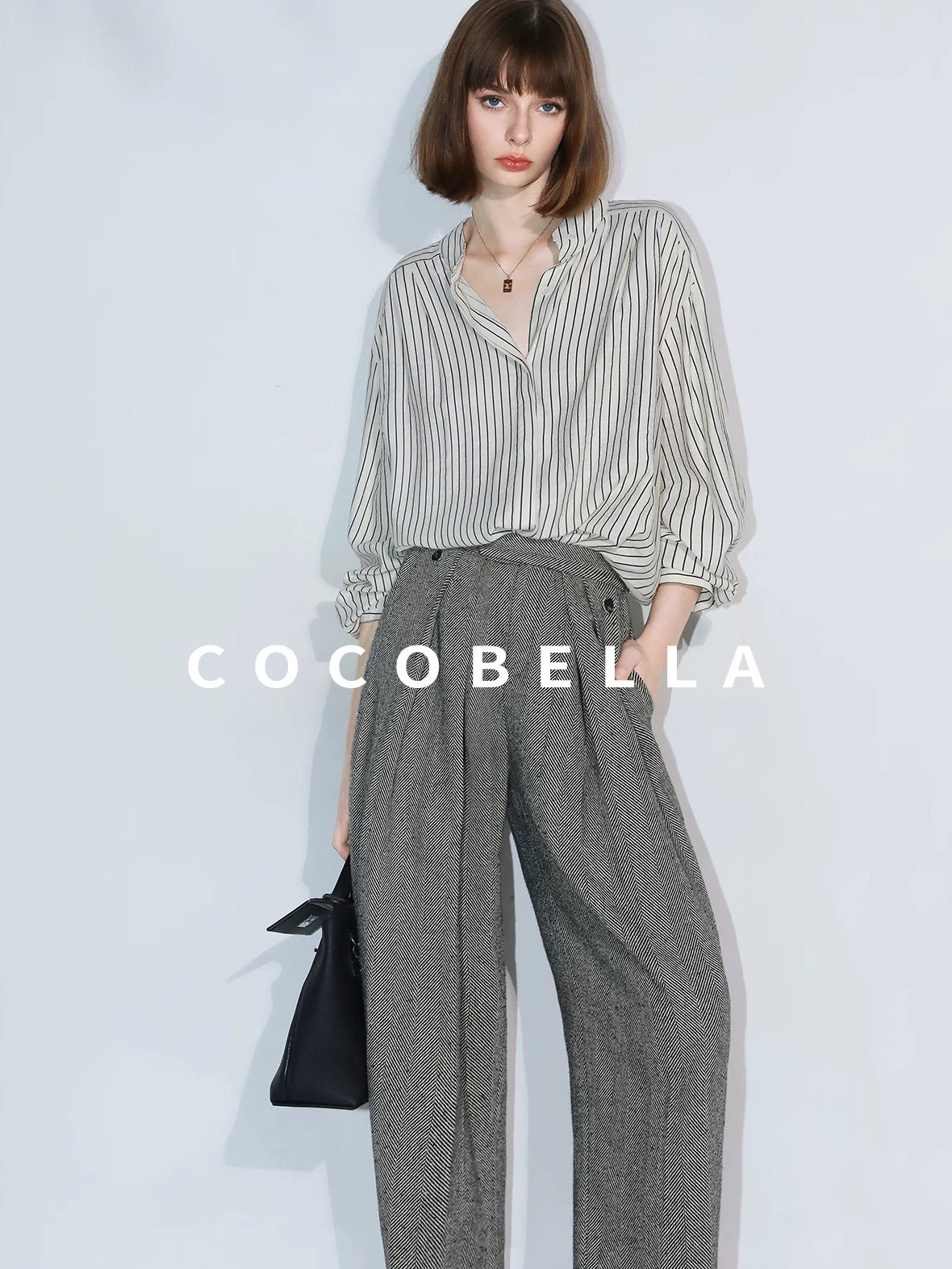 COCOBELLA Pleated Striped Stand Collar Straight Fit Long Sleeve Button Commuter Shirts