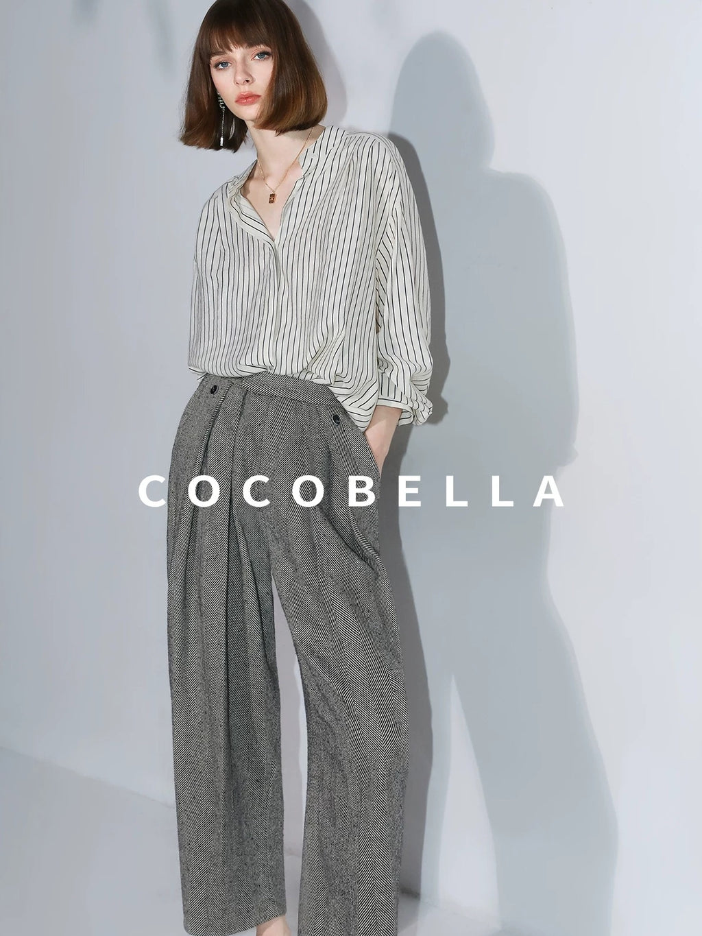 COCOBELLA Pleated Striped Stand Collar Straight Fit Long Sleeve Button Commuter Shirts