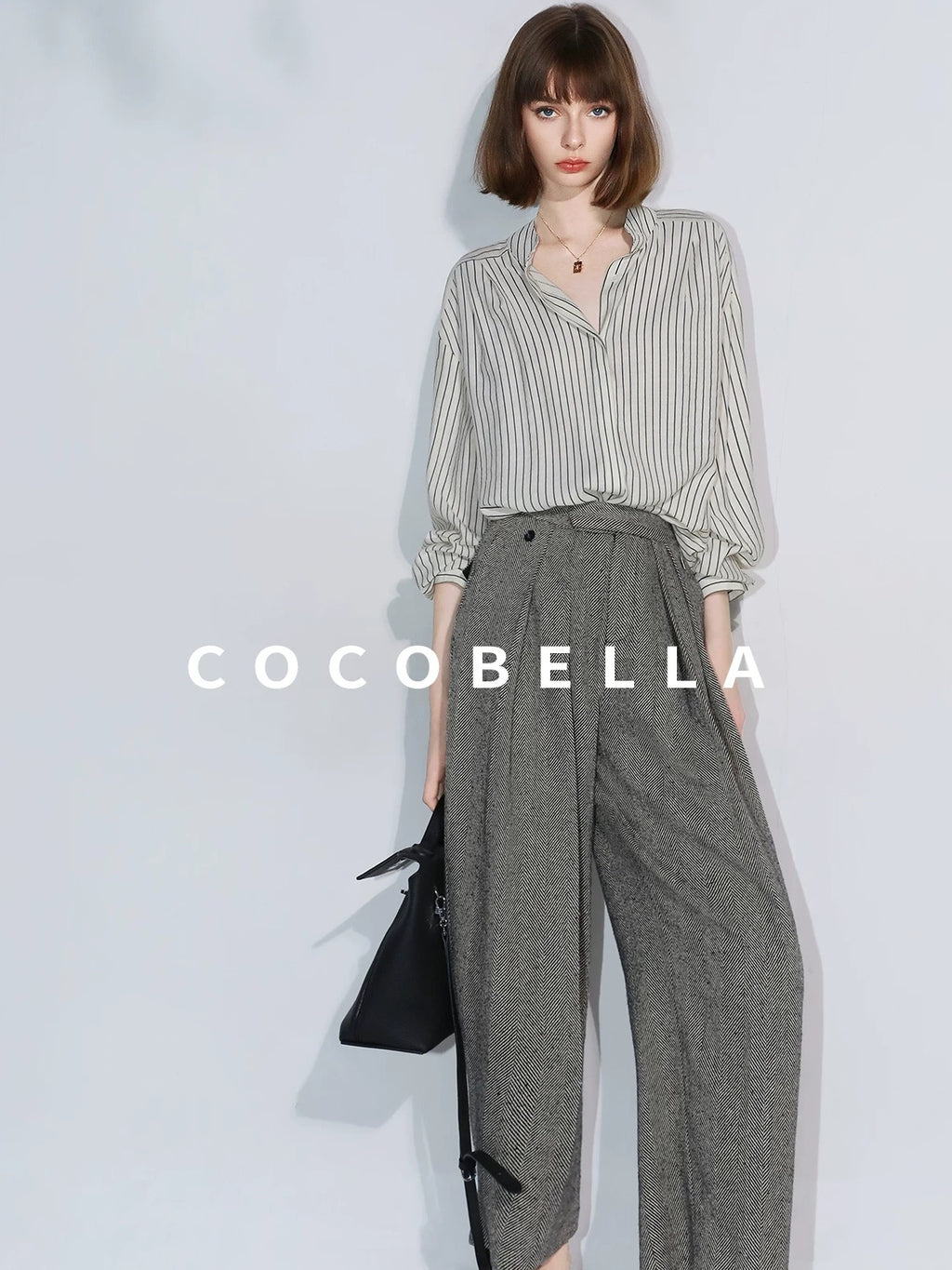 COCOBELLA Pleated Striped Stand Collar Straight Fit Long Sleeve Button Commuter Shirts