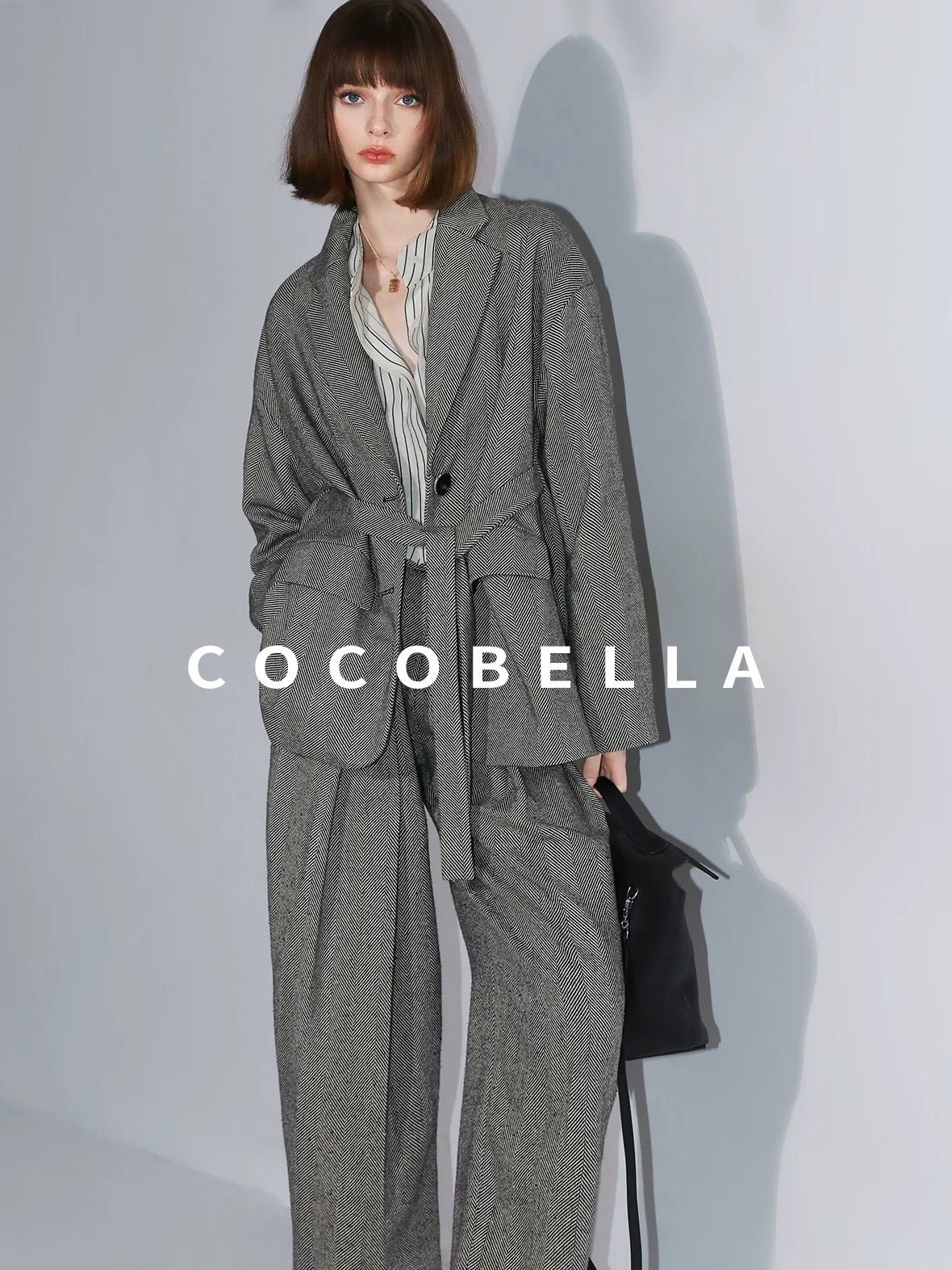 COCOBELLA Pleated Striped Stand Collar Straight Fit Long Sleeve Button Commuter Shirts