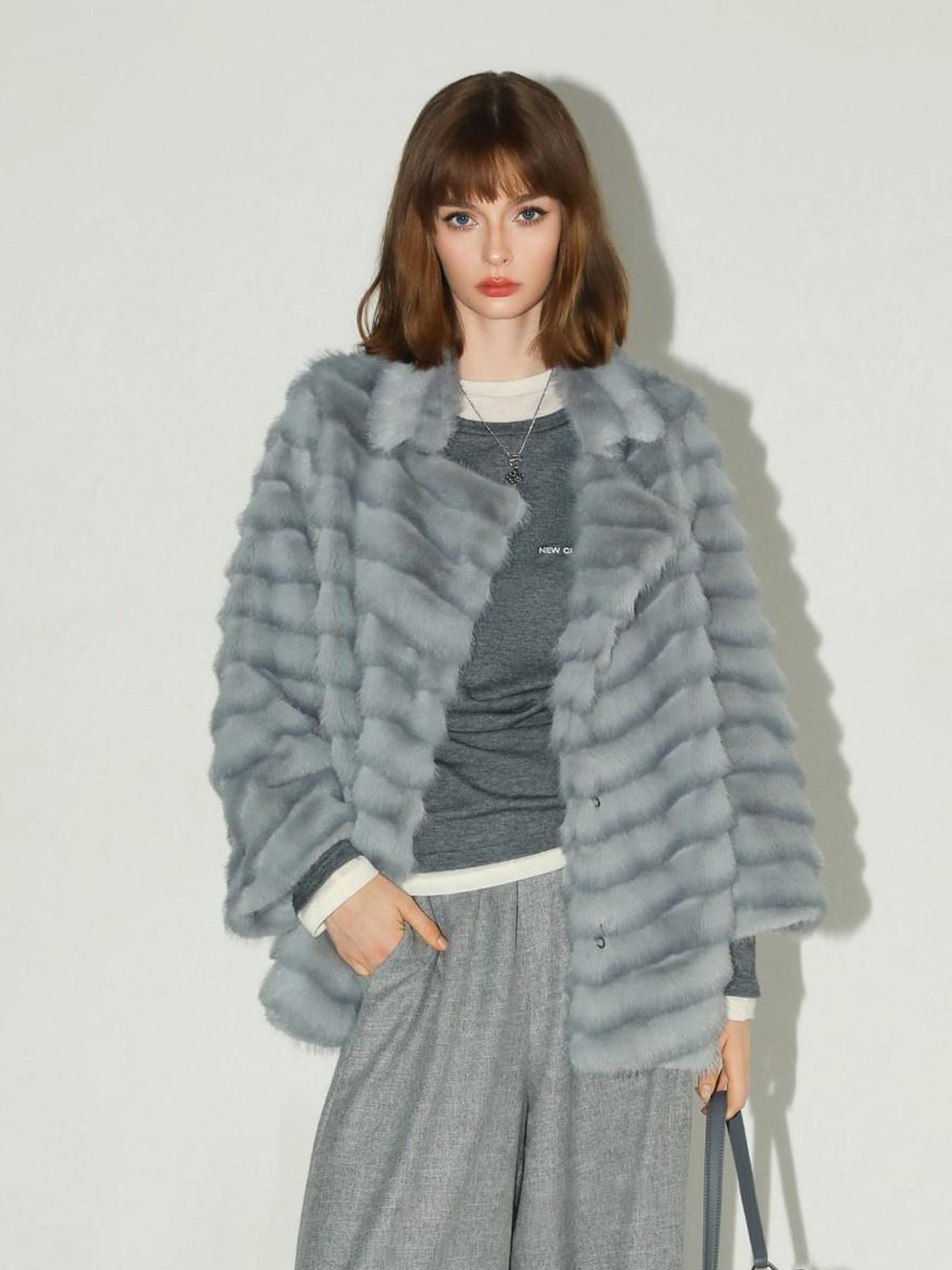 COCOBELLA Plush Faux Fur Horizontal Panel Loose Fit Office Workwear Pastel Stripe Jackets