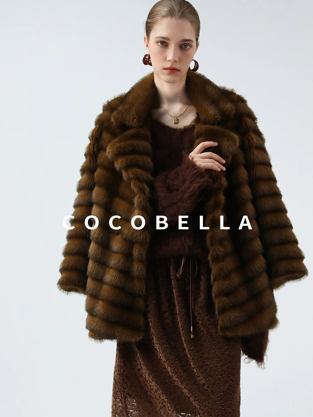 COCOBELLA Plush Faux Fur Horizontal Panel Loose Fit Office Workwear Pastel Stripe Jackets