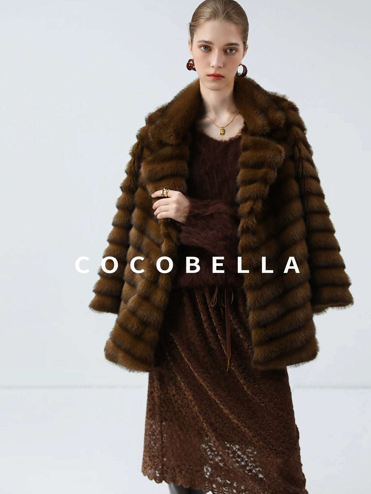 COCOBELLA Plush Faux Fur Horizontal Panel Loose Fit Office Workwear Pastel Stripe Jackets