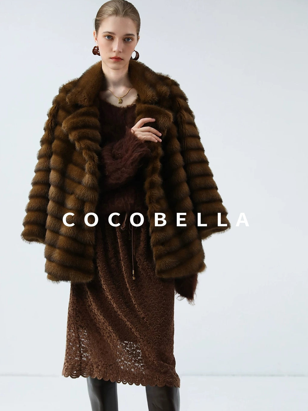 COCOBELLA Plush Faux Fur Horizontal Panel Loose Fit Office Workwear Pastel Stripe Jackets