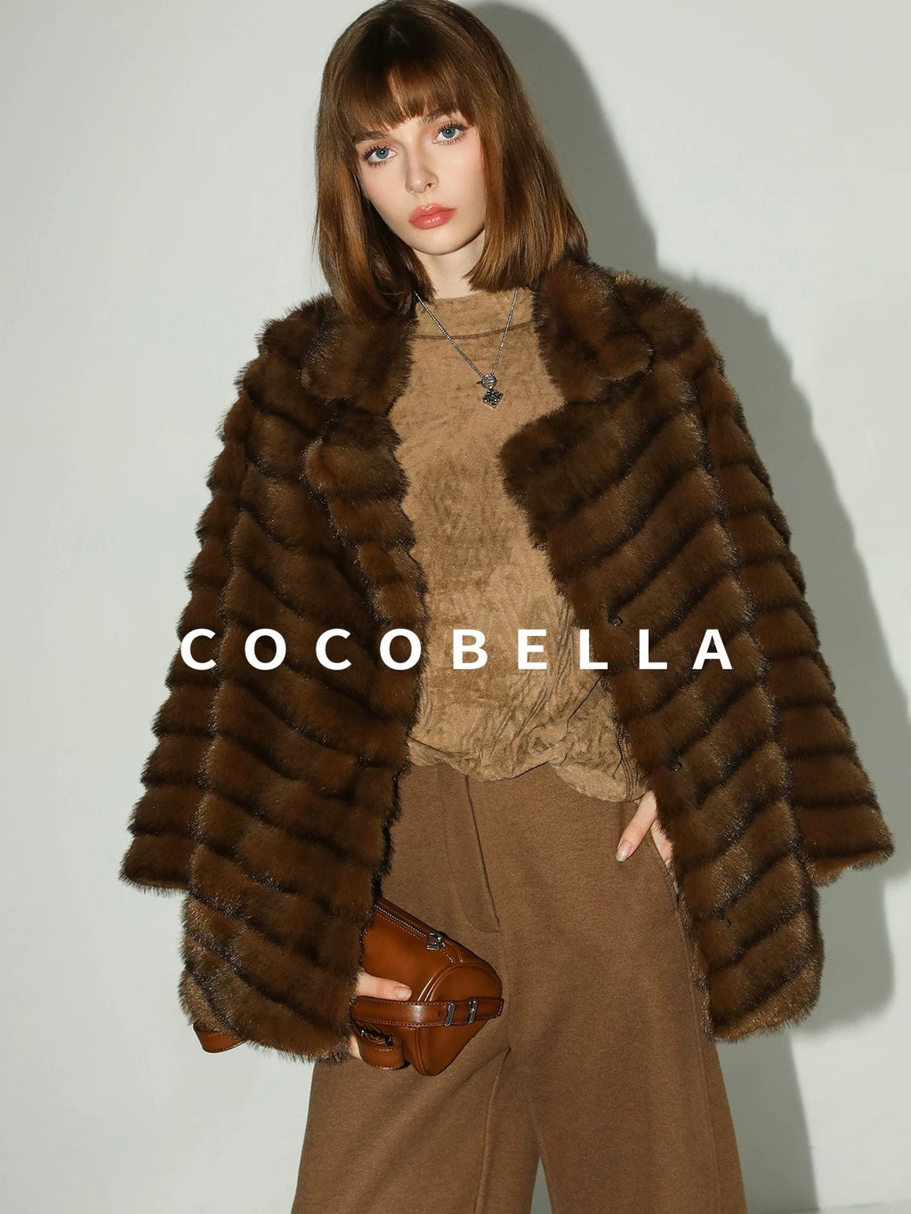 COCOBELLA Plush Faux Fur Horizontal Panel Loose Fit Office Workwear Pastel Stripe Jackets