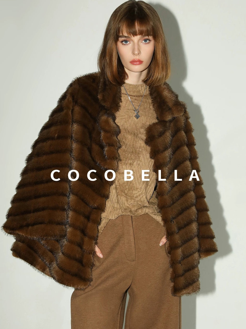 COCOBELLA Plush Faux Fur Horizontal Panel Loose Fit Office Workwear Pastel Stripe Jackets