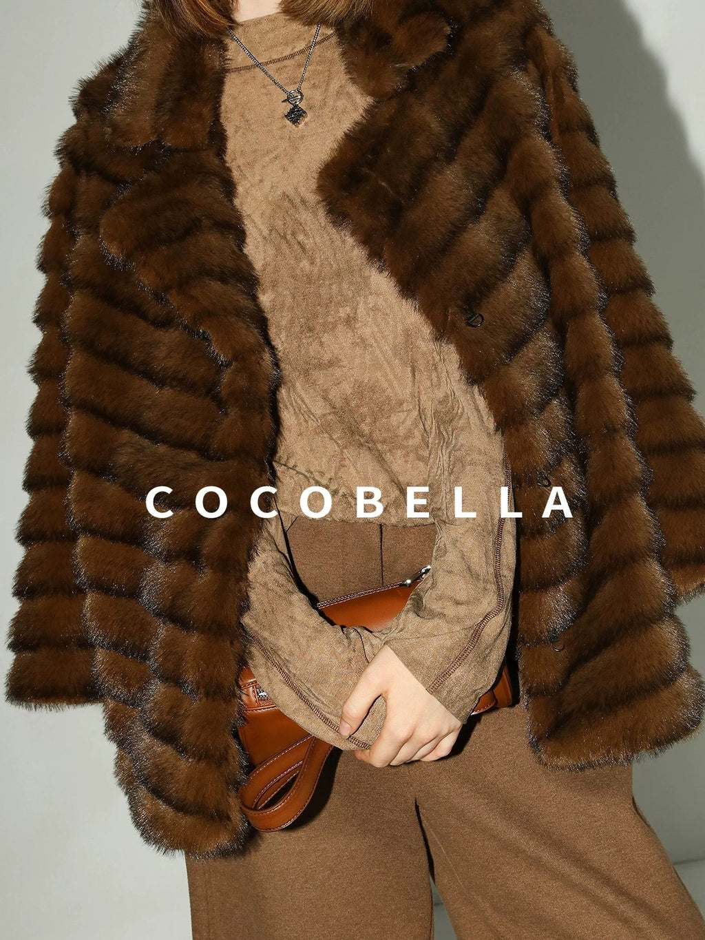 COCOBELLA Plush Faux Fur Horizontal Panel Loose Fit Office Workwear Pastel Stripe Jackets