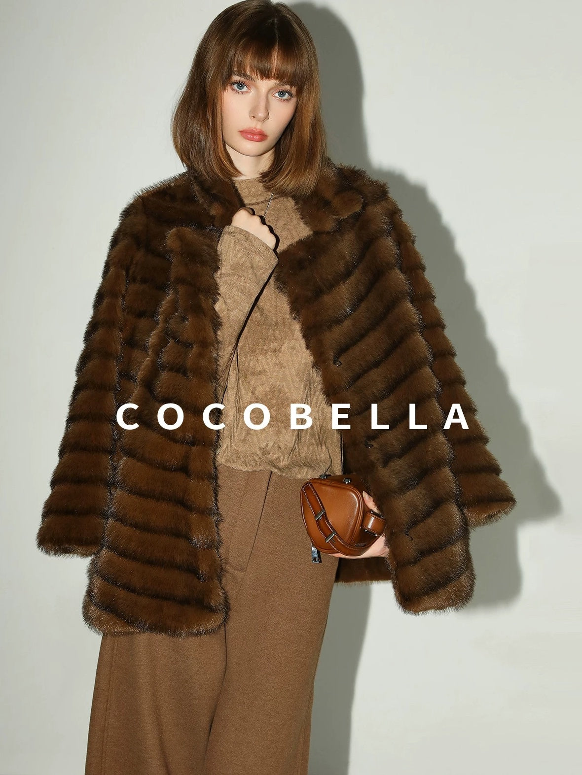 COCOBELLA Plush Faux Fur Horizontal Panel Loose Fit Office Workwear Pastel Stripe Jackets