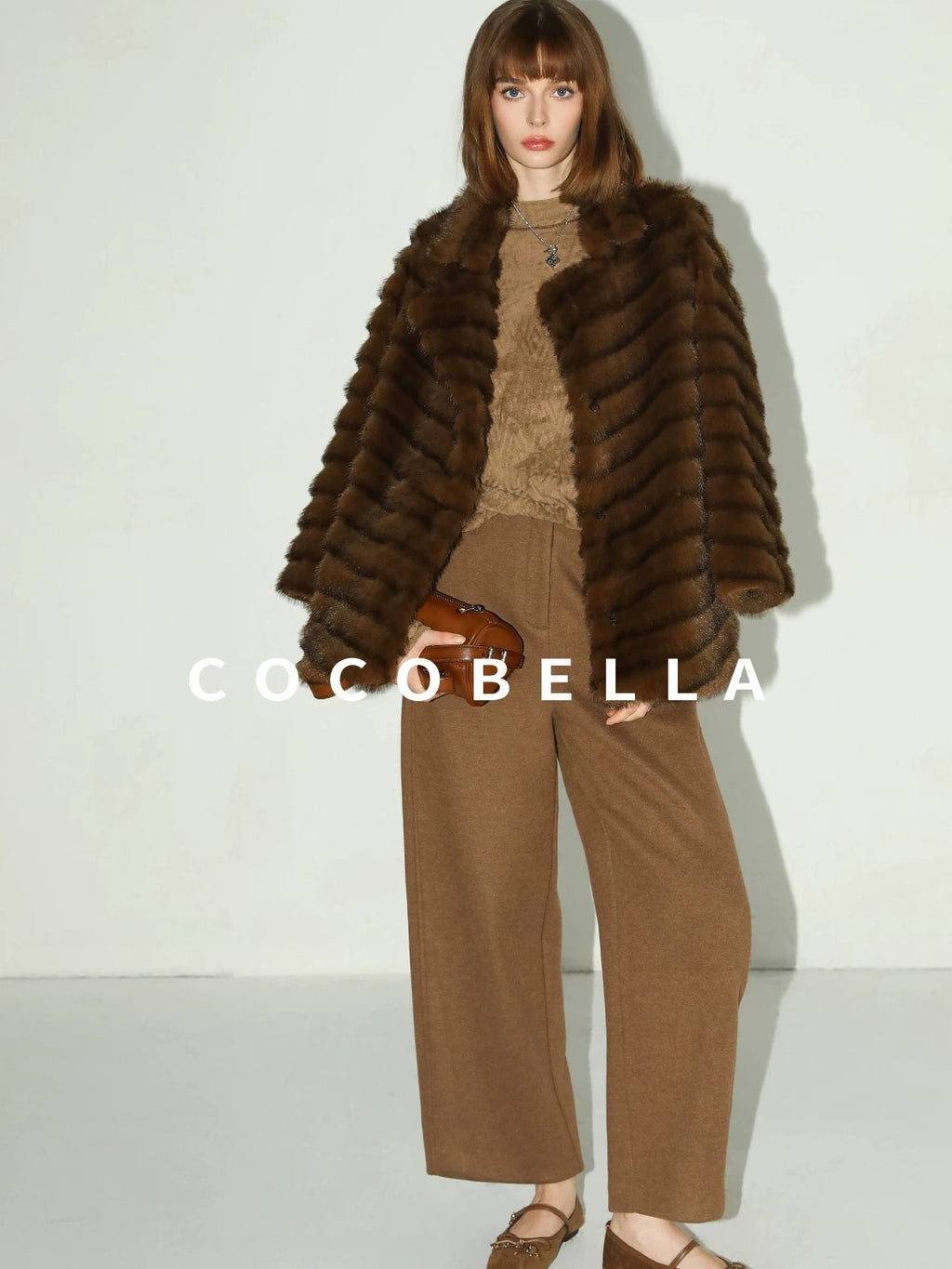 COCOBELLA Plush Faux Fur Horizontal Panel Loose Fit Office Workwear Pastel Stripe Jackets