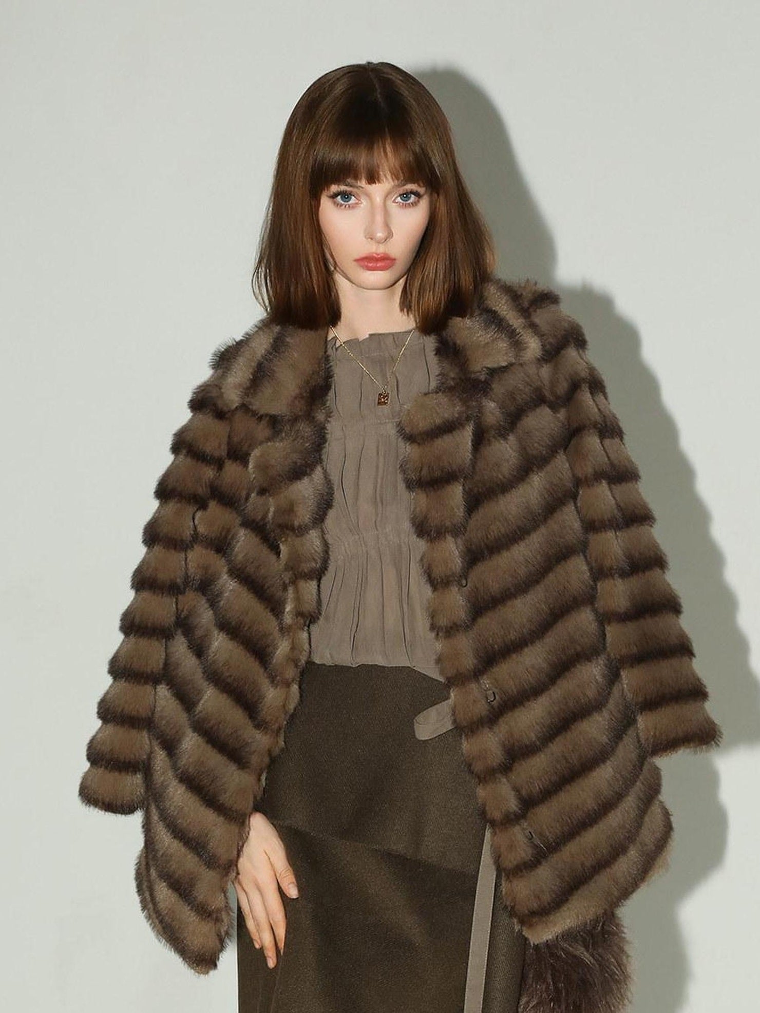 COCOBELLA Plush Faux Fur Horizontal Panel Loose Fit Office Workwear Pastel Stripe Jackets