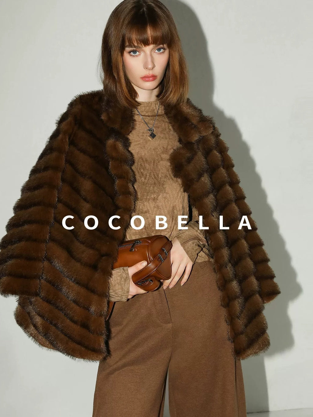 COCOBELLA Plush Faux Fur Horizontal Panel Loose Fit Office Workwear Pastel Stripe Jackets