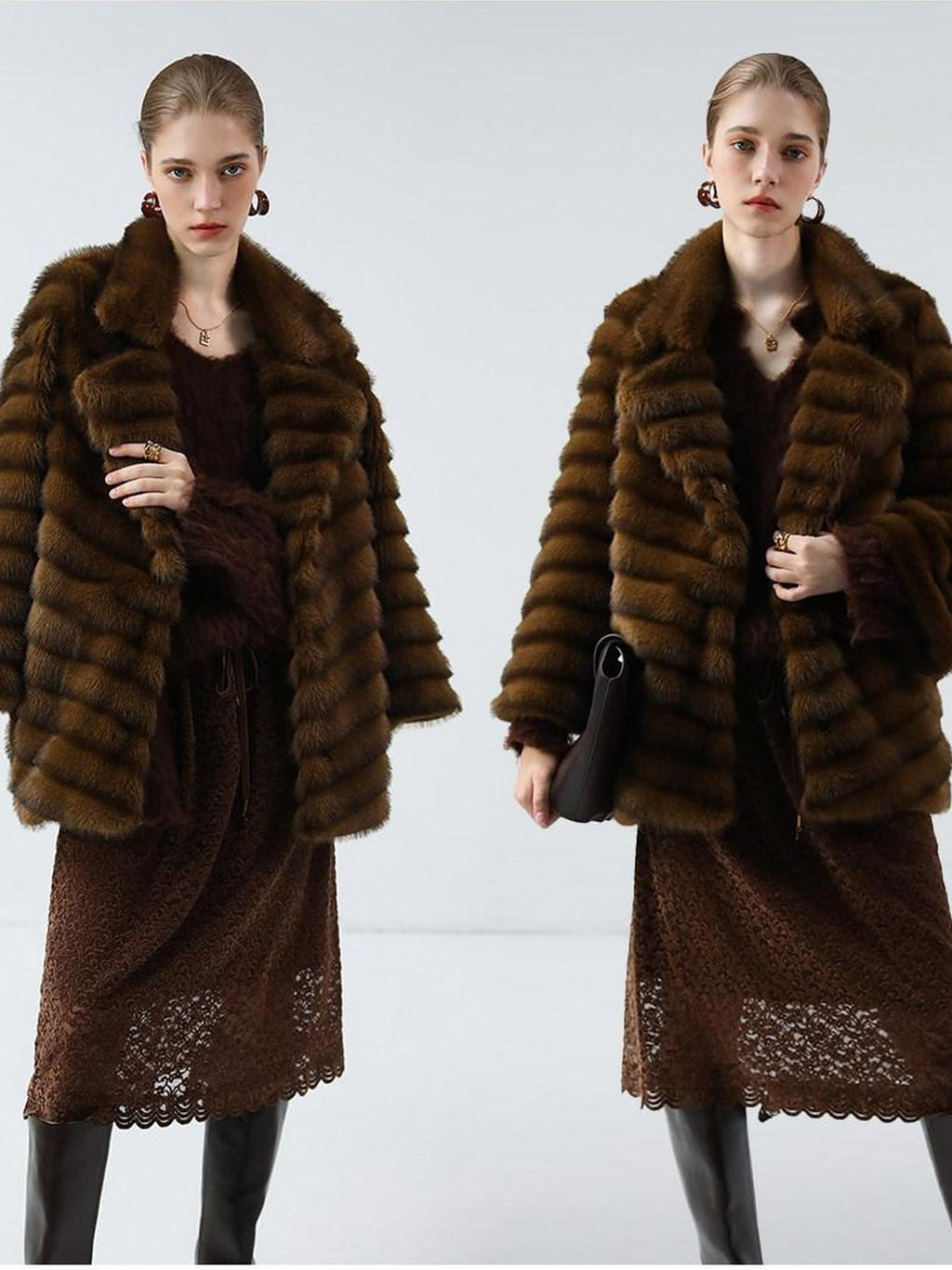 COCOBELLA Plush Faux Fur Horizontal Panel Loose Fit Office Workwear Pastel Stripe Jackets