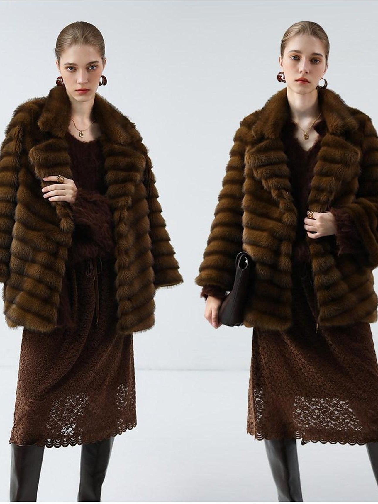 COCOBELLA Plush Faux Fur Horizontal Panel Loose Fit Office Workwear Pastel Stripe Jackets