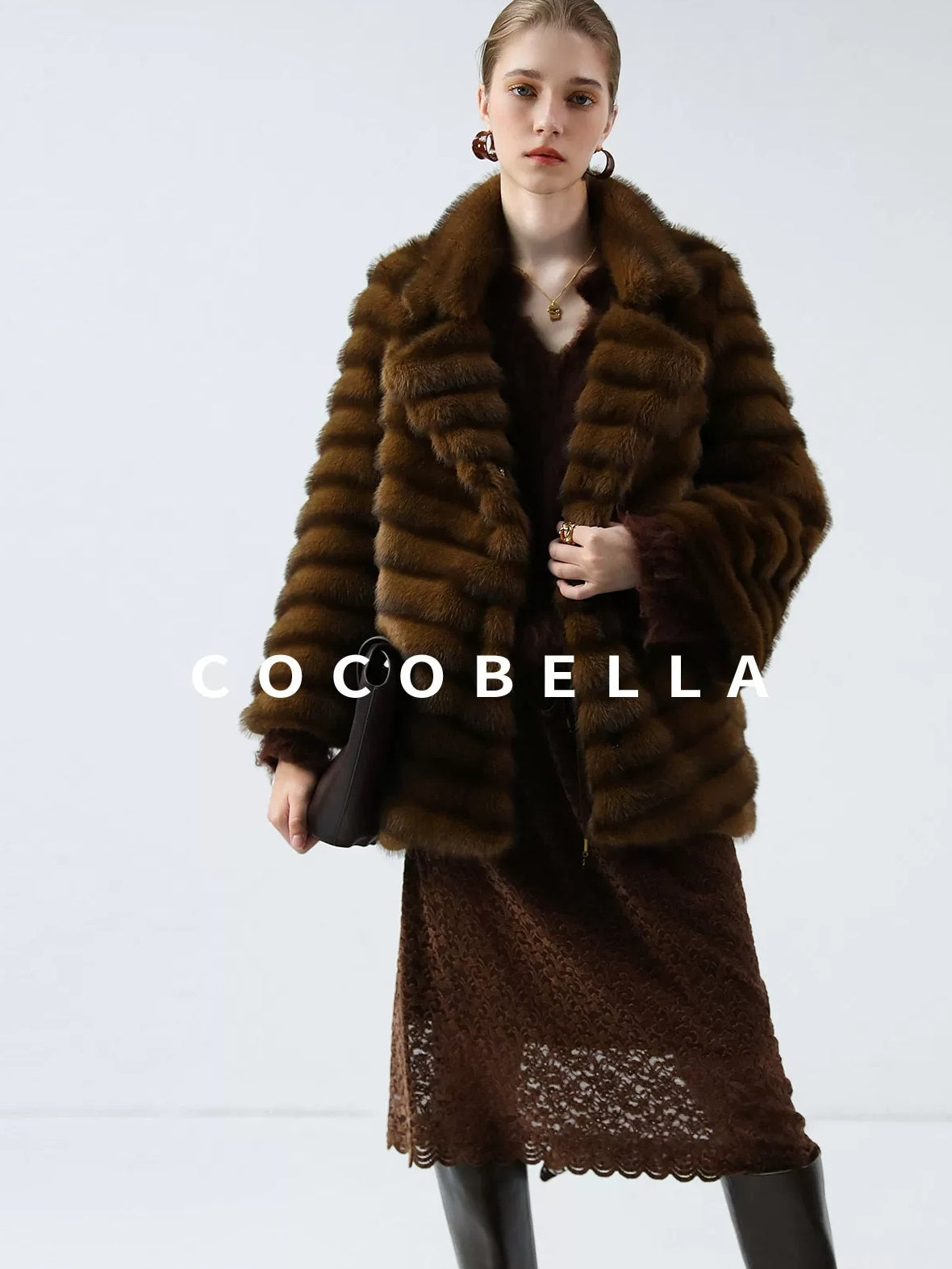 COCOBELLA Plush Faux Fur Horizontal Panel Loose Fit Office Workwear Pastel Stripe Jackets