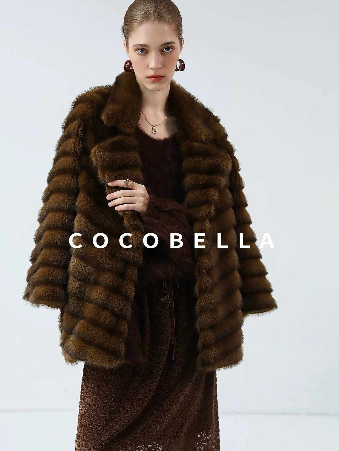 COCOBELLA Plush Faux Fur Horizontal Panel Loose Fit Office Workwear Pastel Stripe Jackets