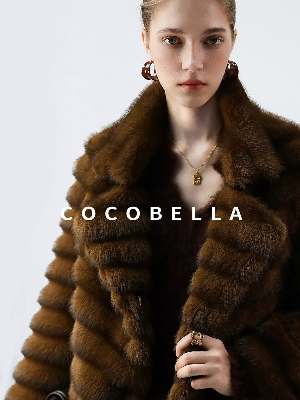 COCOBELLA Plush Faux Fur Horizontal Panel Loose Fit Office Workwear Pastel Stripe Jackets