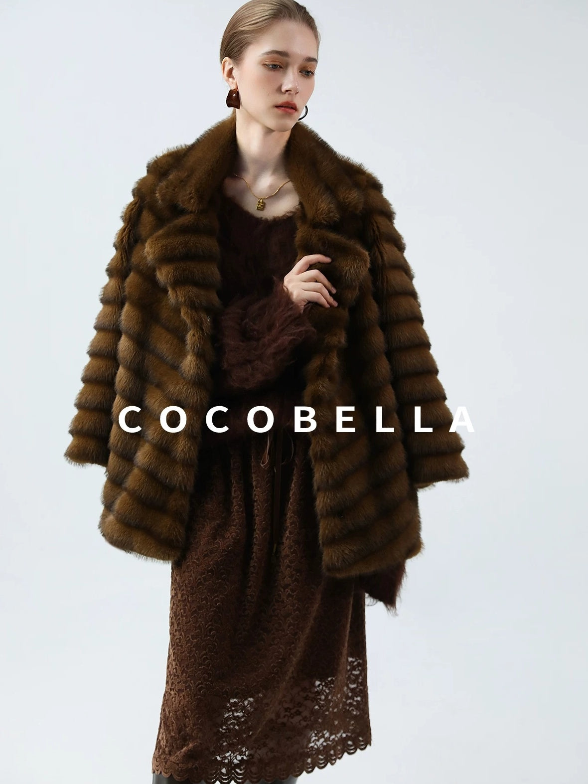 COCOBELLA Plush Faux Fur Horizontal Panel Loose Fit Office Workwear Pastel Stripe Jackets