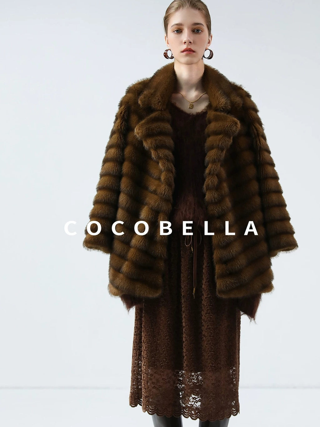 COCOBELLA Plush Faux Fur Horizontal Panel Loose Fit Office Workwear Pastel Stripe Jackets