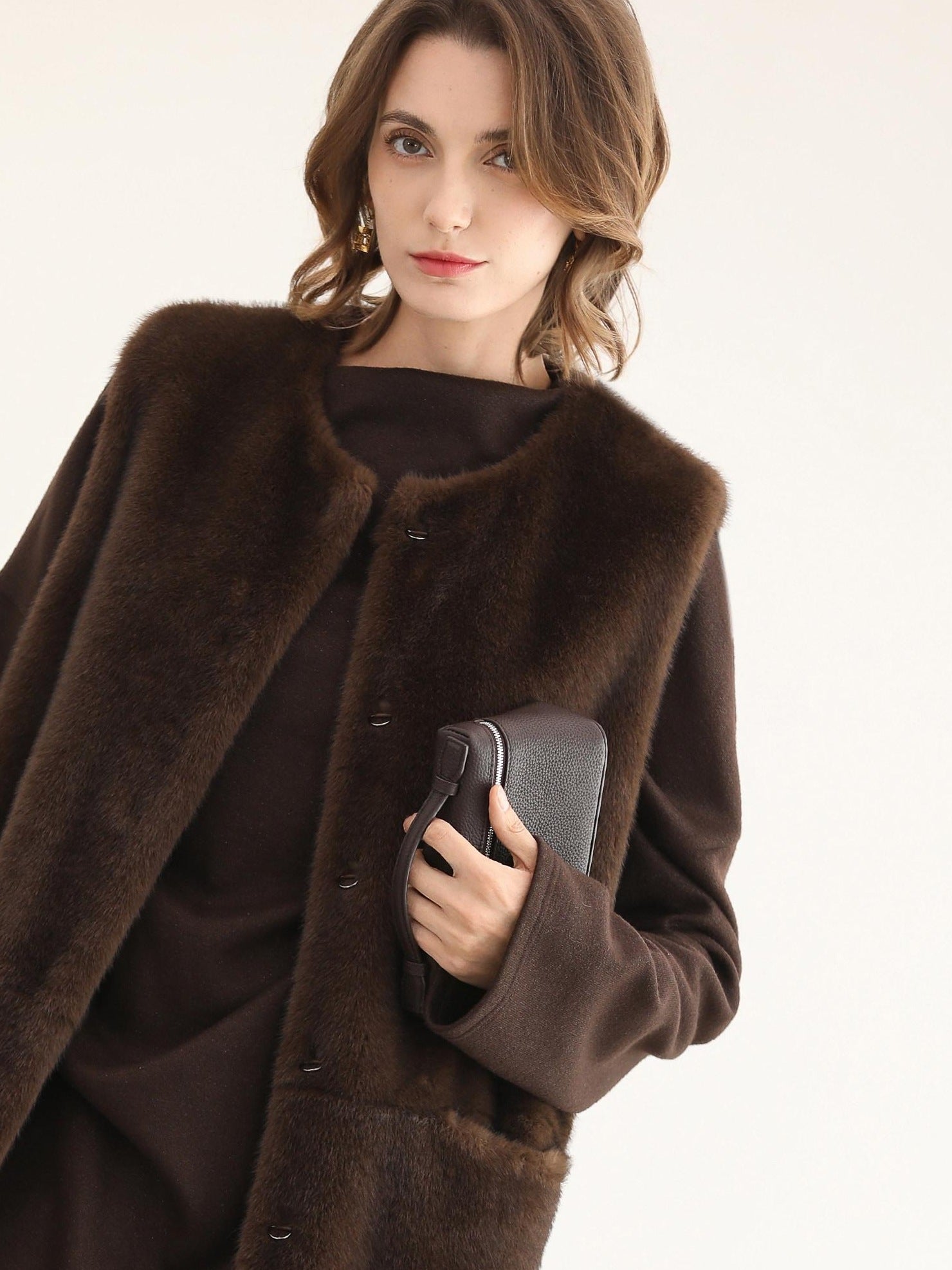 COCOBELLA Plush Faux Fur Long Sleeveless Straight For Women Coffee Brown Polyester Coats