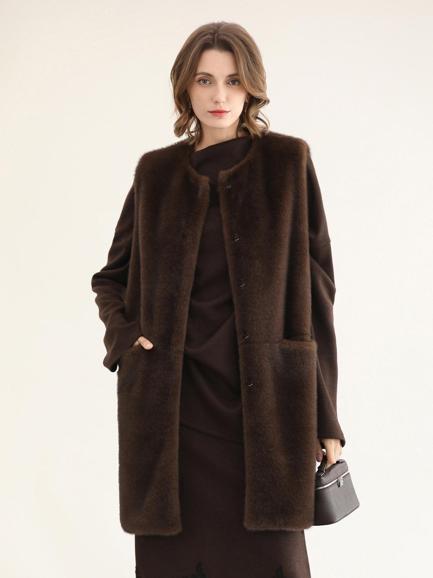 COCOBELLA Plush Faux Fur Long Sleeveless Straight For Women Coffee Brown Polyester Coats