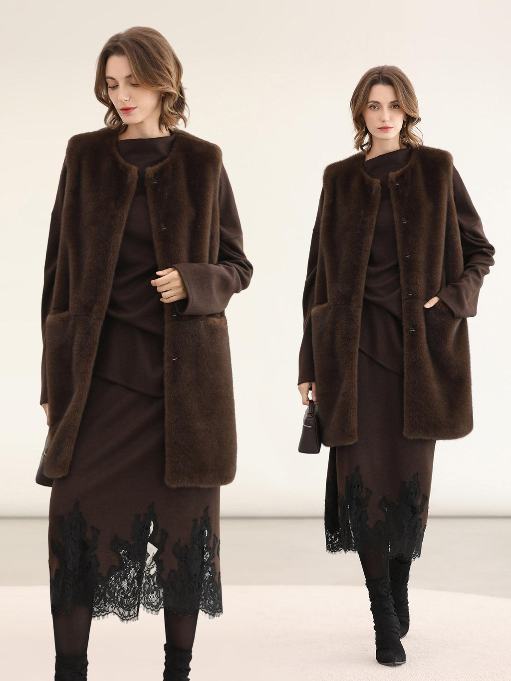 COCOBELLA Plush Faux Fur Long Sleeveless Straight For Women Coffee Brown Polyester Coats