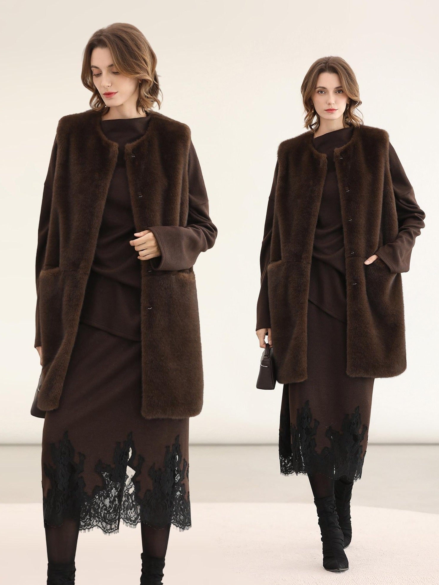COCOBELLA Plush Faux Fur Long Sleeveless Straight For Women Coffee Brown Polyester Coats