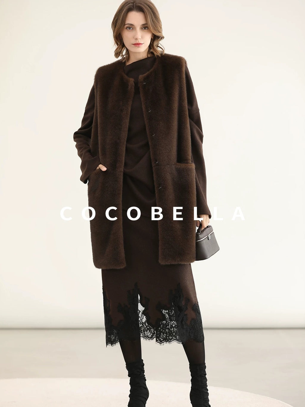 COCOBELLA Plush Faux Fur Long Sleeveless Straight For Women Coffee Brown Polyester Coats