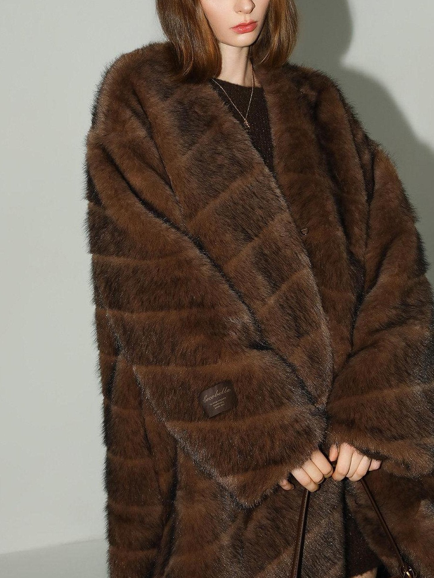 COCOBELLA Plush Faux Fur Long V Neck Straight Fit Women Office Chic Black Brown Coats