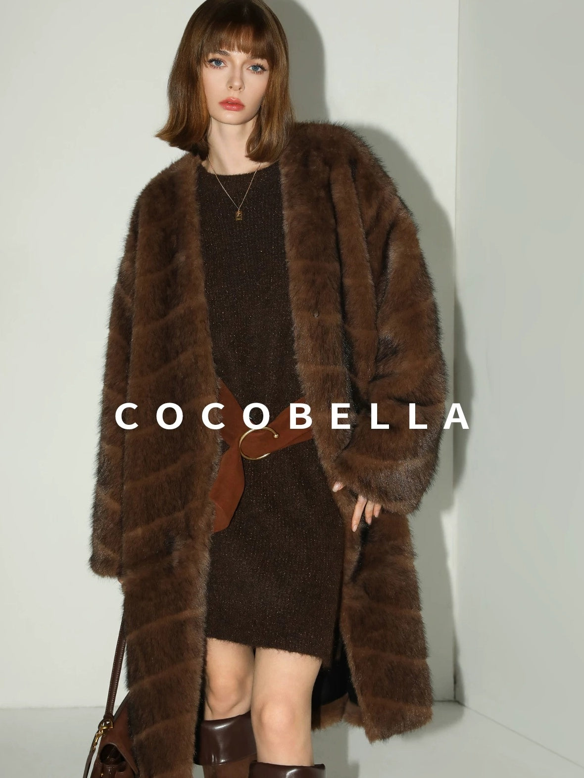 COCOBELLA Plush Faux Fur Long V Neck Straight Fit Women Office Chic Black Brown Coats