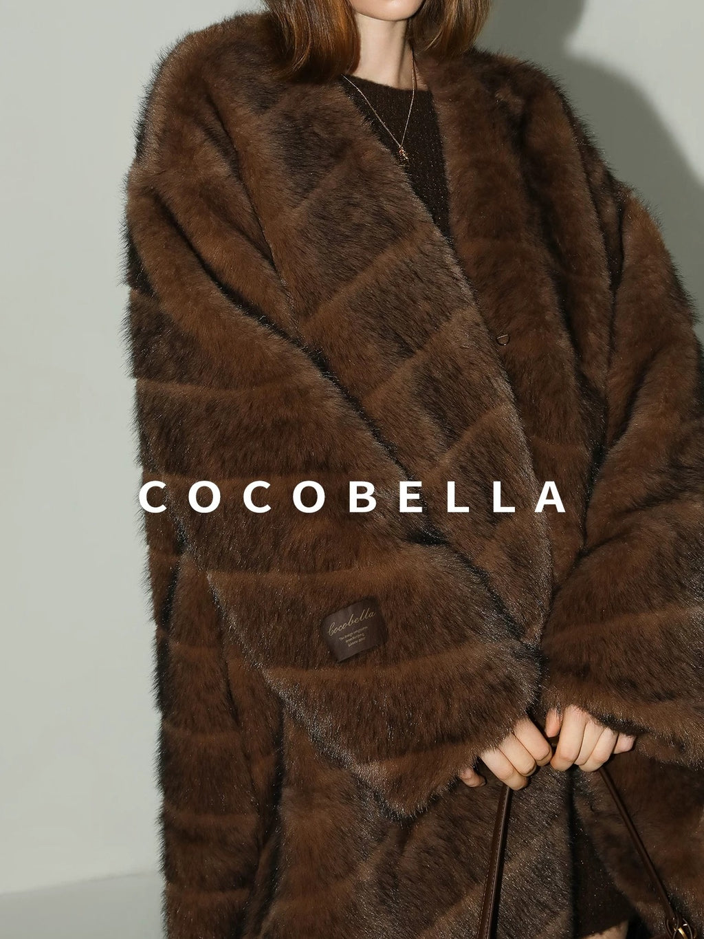 COCOBELLA Plush Faux Fur Long V Neck Straight Fit Women Office Chic Black Brown Coats