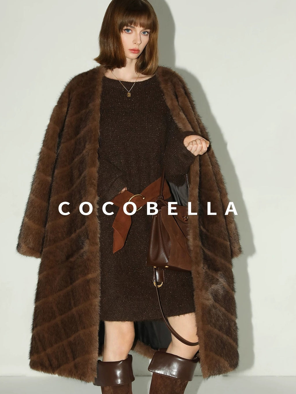 COCOBELLA Plush Faux Fur Long V Neck Straight Fit Women Office Chic Black Brown Coats
